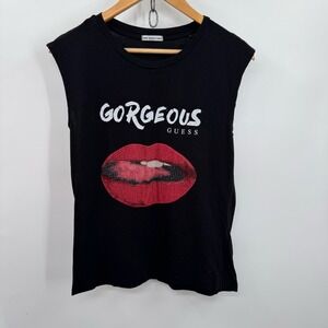 Guess Muscle Tee Tank Top Womens S Rhinestone Lips Graphic Stretch Gorgeous Chic